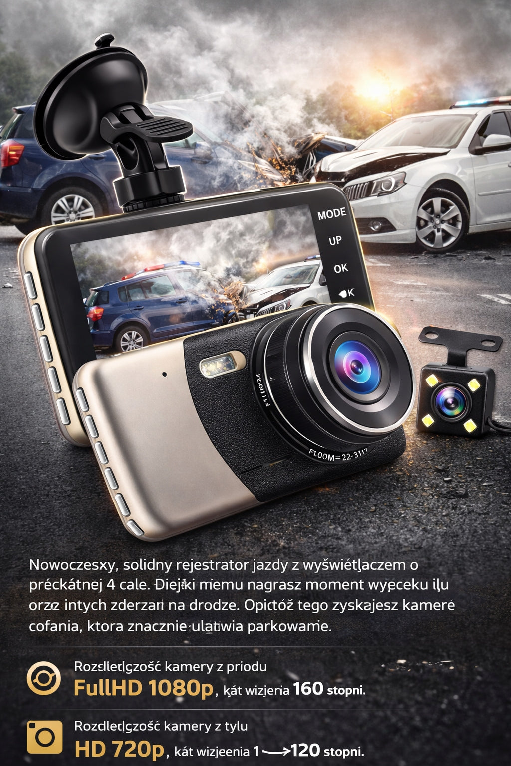 Video Car DVR Full HD 1920x1080 2 Cameras 170° 2in1 Manufacturer code Kamera 4 Cale G-SENSOR Rejestrator