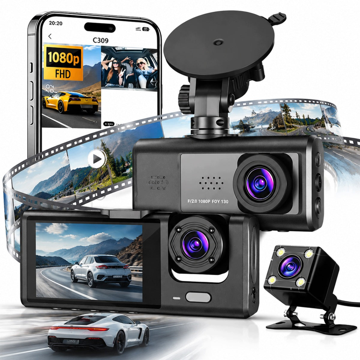 Video Recorder Car Camera 3in1 Front Interior Rear WiFi Full HD