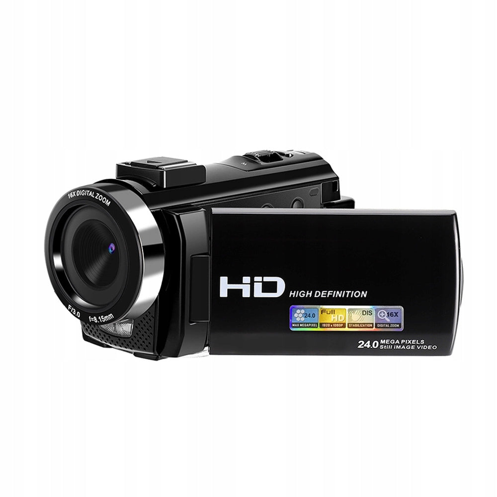Video camera with 1080P/24MP/16x zoom and rotating LCD screen