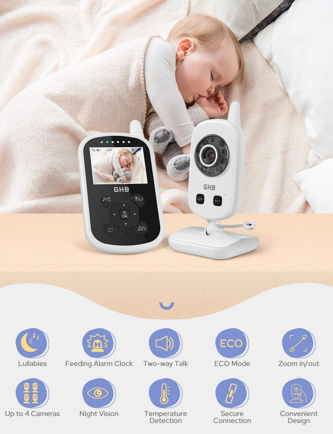 Video chůvička s kamerou, 2,4palcový displej, 950 mAh, úsporný režim Packaging status original