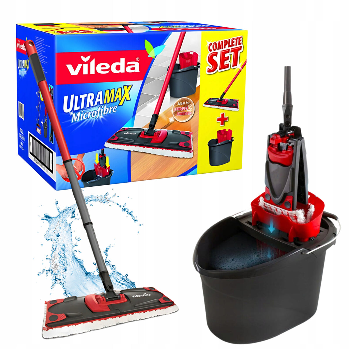Vileda Flat Mop 36 cm with UltraMax Bucket – Touchless HIT Squeezing
