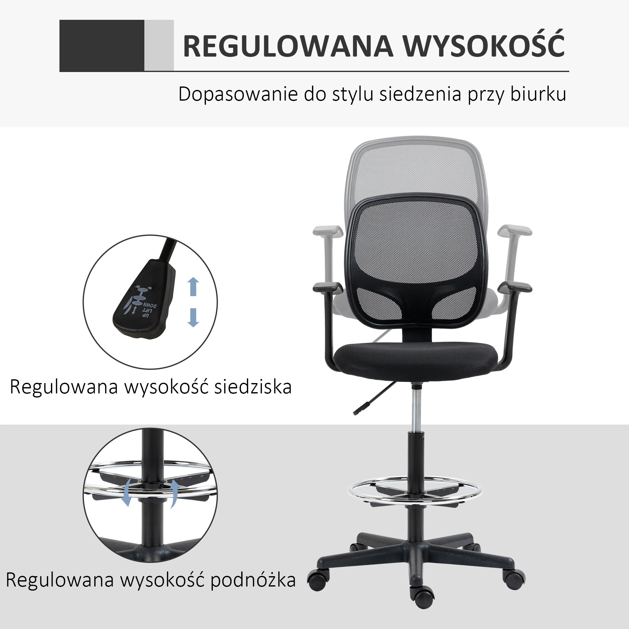 Vinsetto Drawing chair with adjustable footrest and swivel casters Furniture depth 60 cm