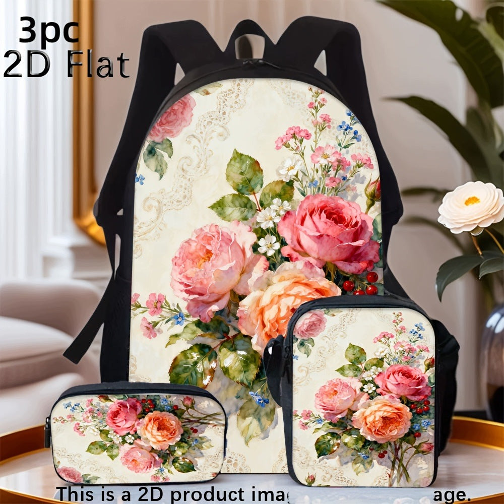 Vintage Blooming Rose Print Backpack Set with Small Pouch