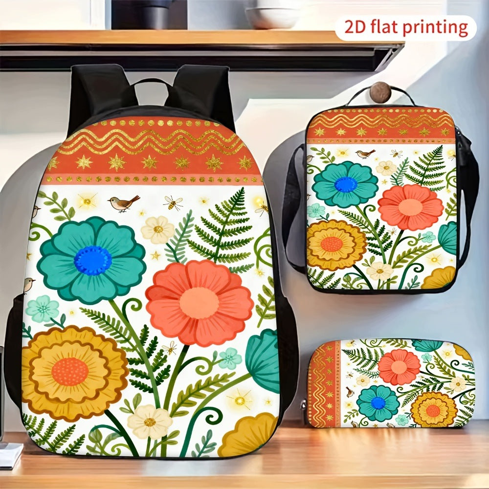 Vintage Colorful Boho Floral Graphic Print 3-Piece Backpack Set