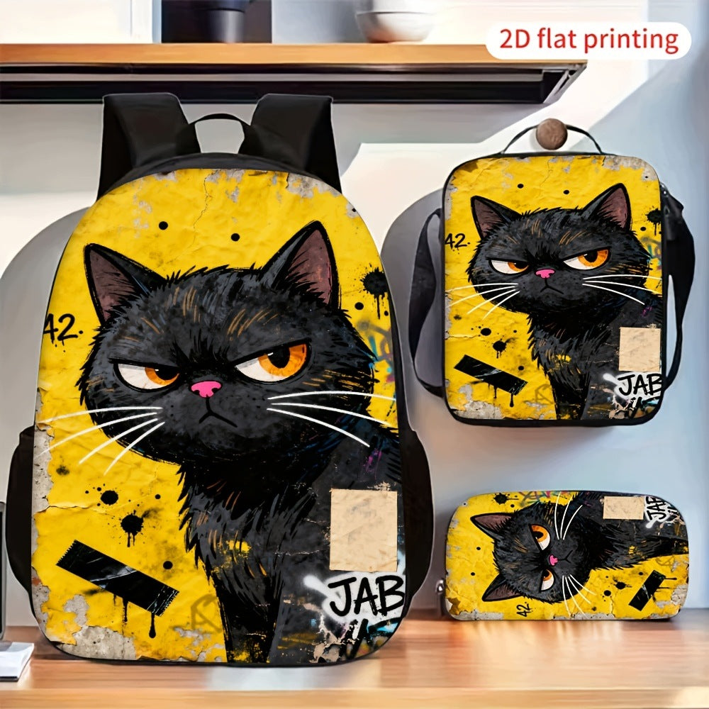 Vintage Grunge Angry Black Cat Backpack Set - Includes Crossbody Bag and Pencil Case