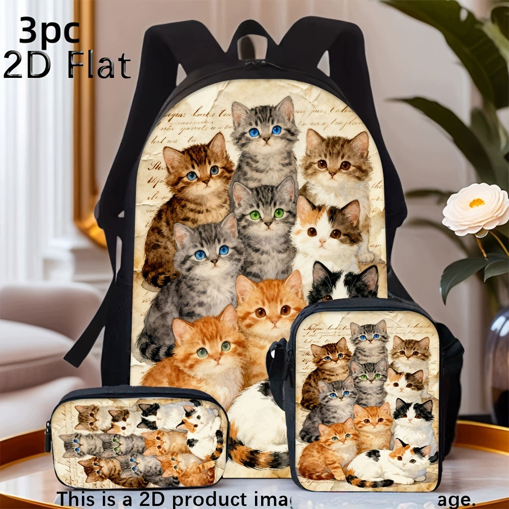 Vintage Multiple Cute Cats Backpack Purse Pencil Case Set