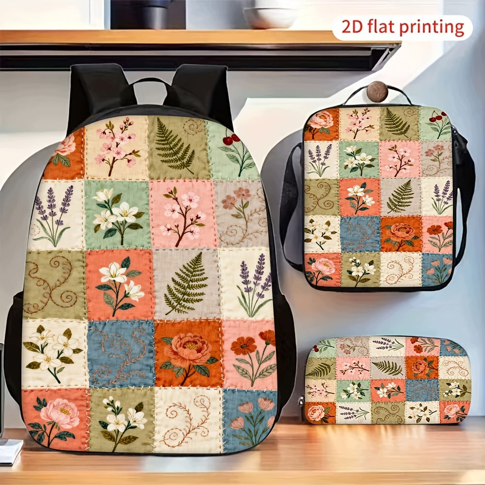 Vintage Patchwork Floral Print Backpack Set with Side Bag & Pencil Pouch