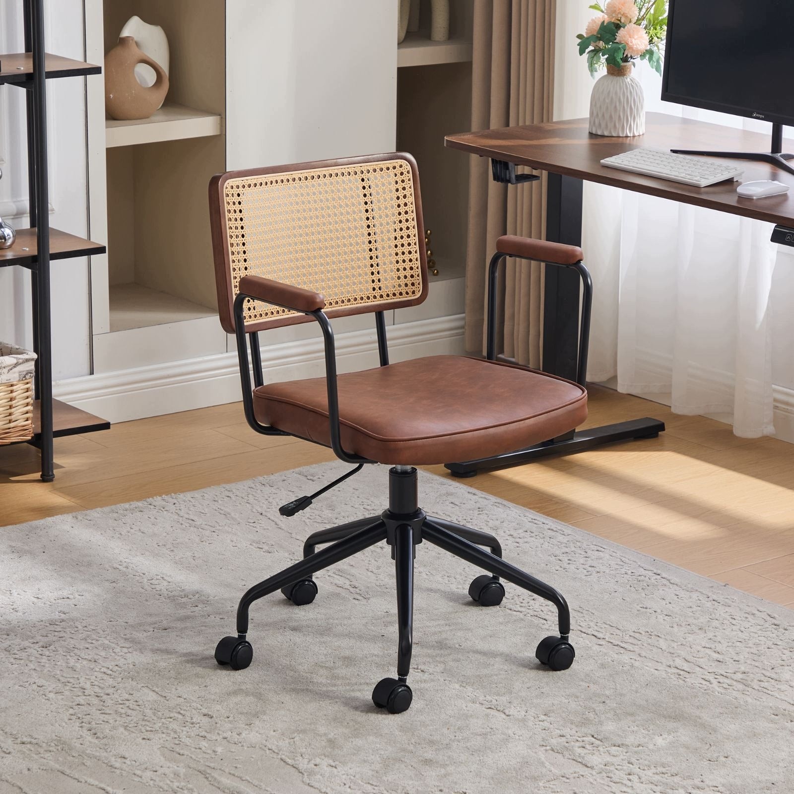 Vintage Rattan Swivel Office Chair Brown