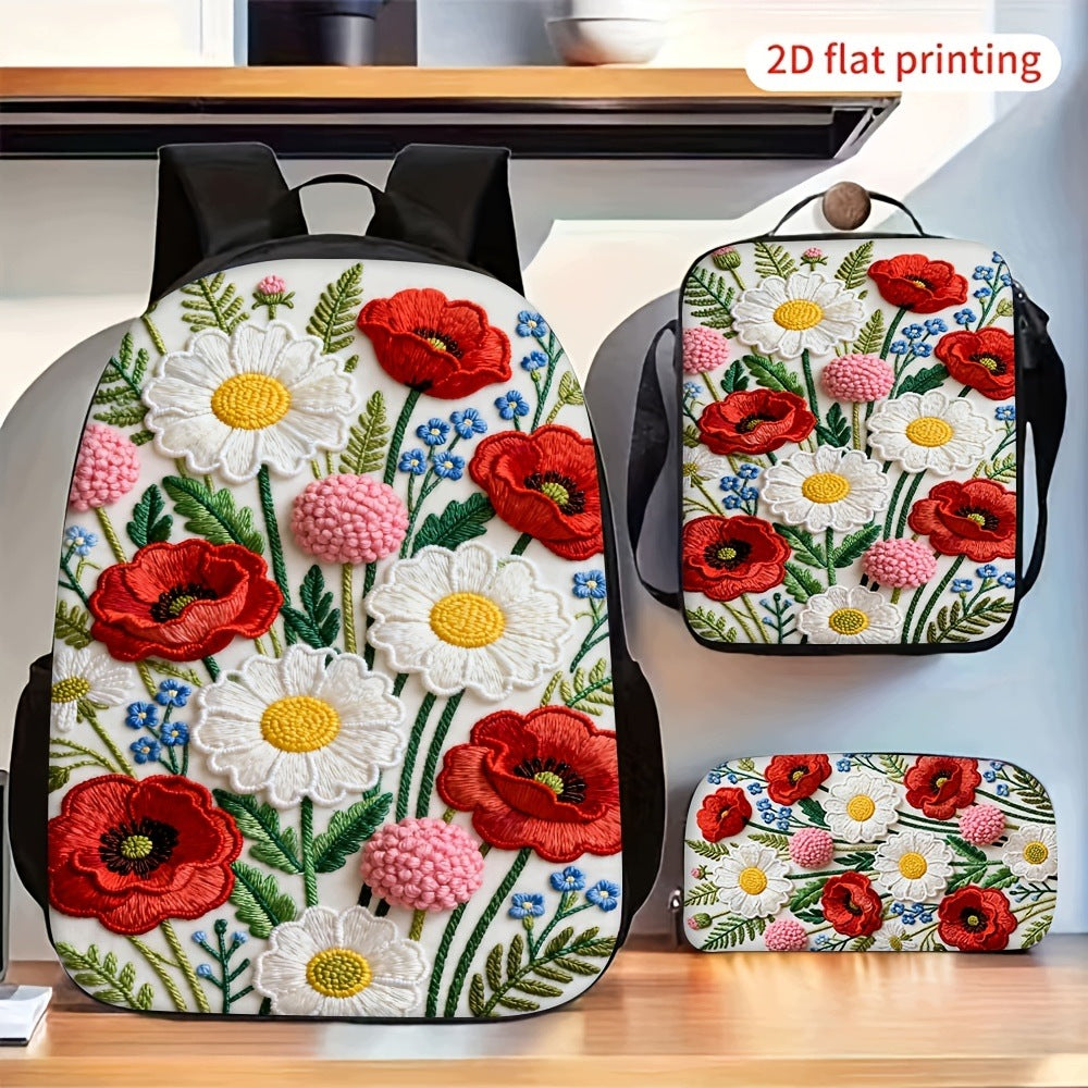 Vintage Red Poppy White Daisy 3-Piece Backpack Set with 2D Flat Print