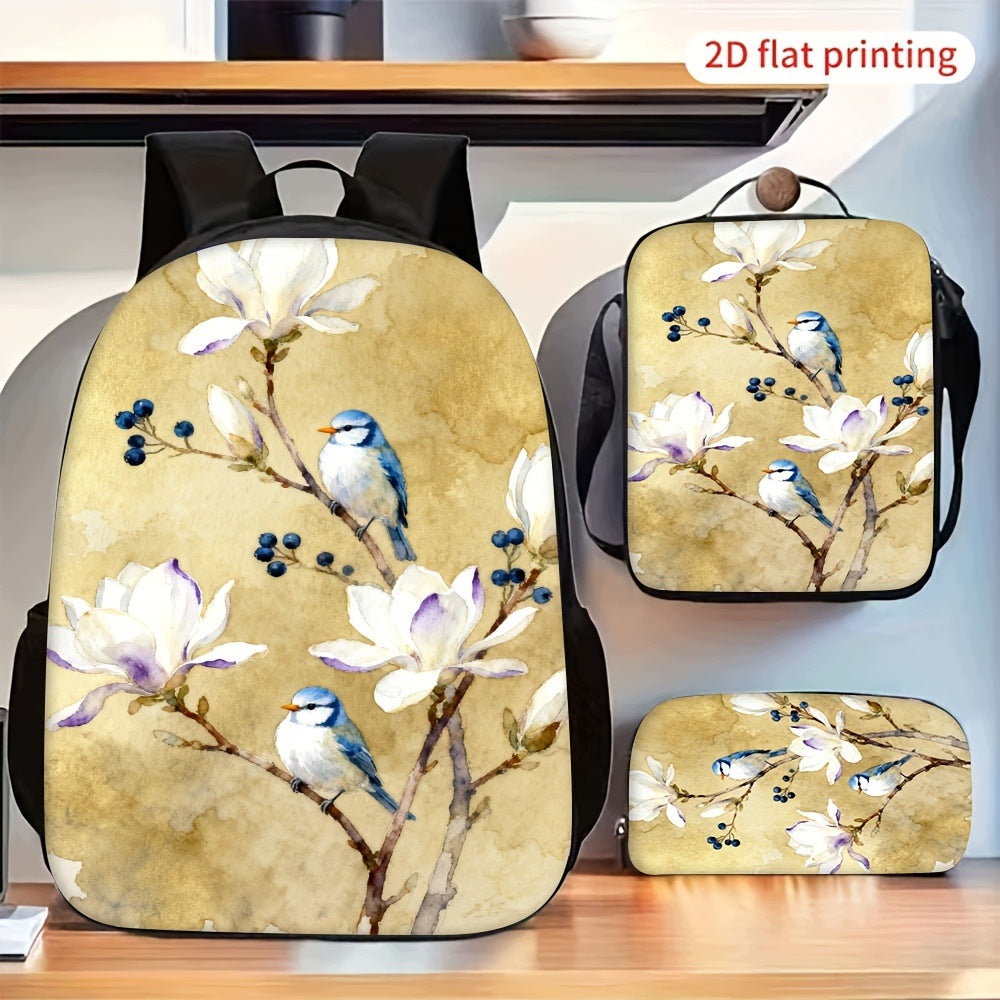 Vintage Watercolor White Magnolia Blue Bird Backpack Set Crossbody Bag Pencil Case