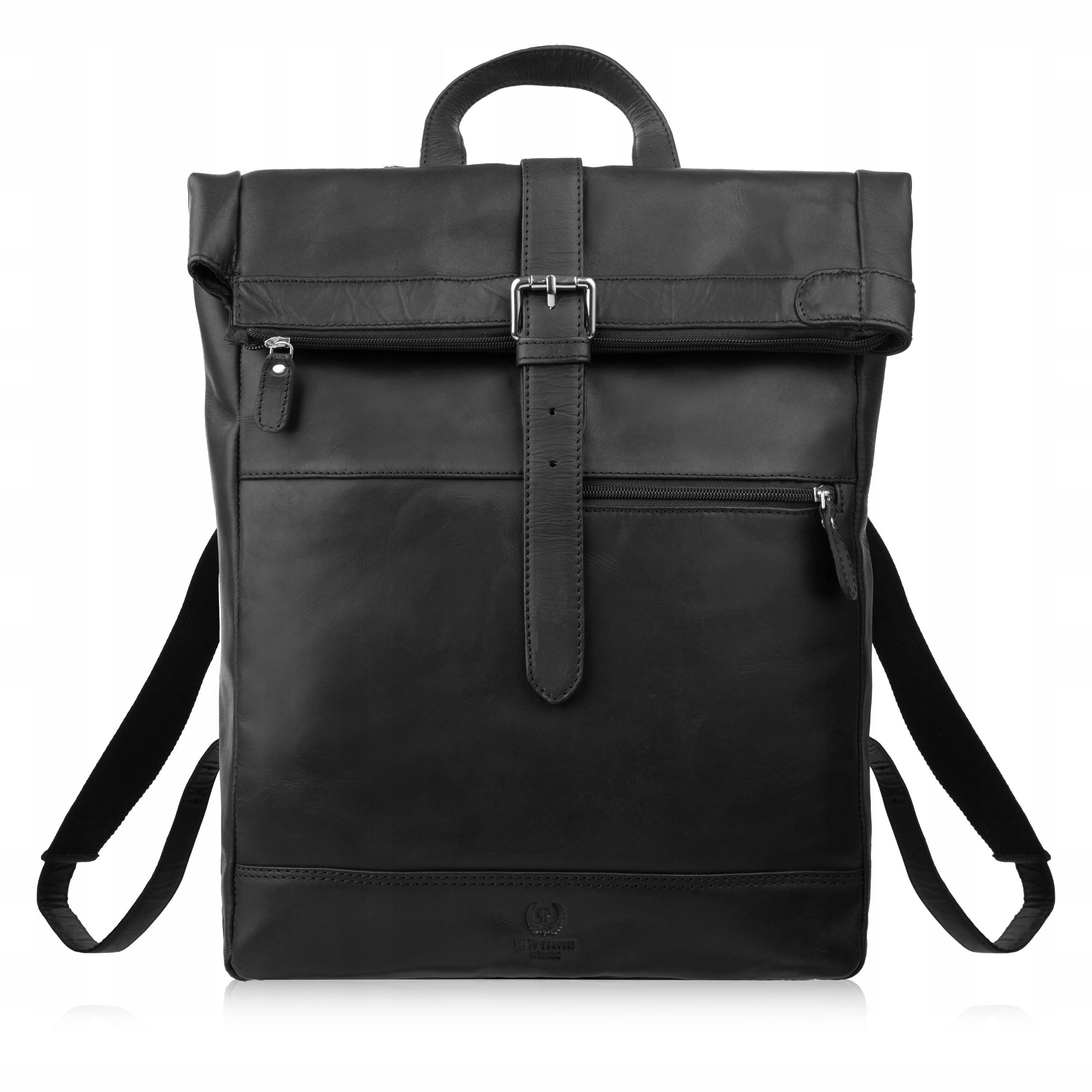 Vintage leather roll top backpack for city laptop black Paolo Peruzzi