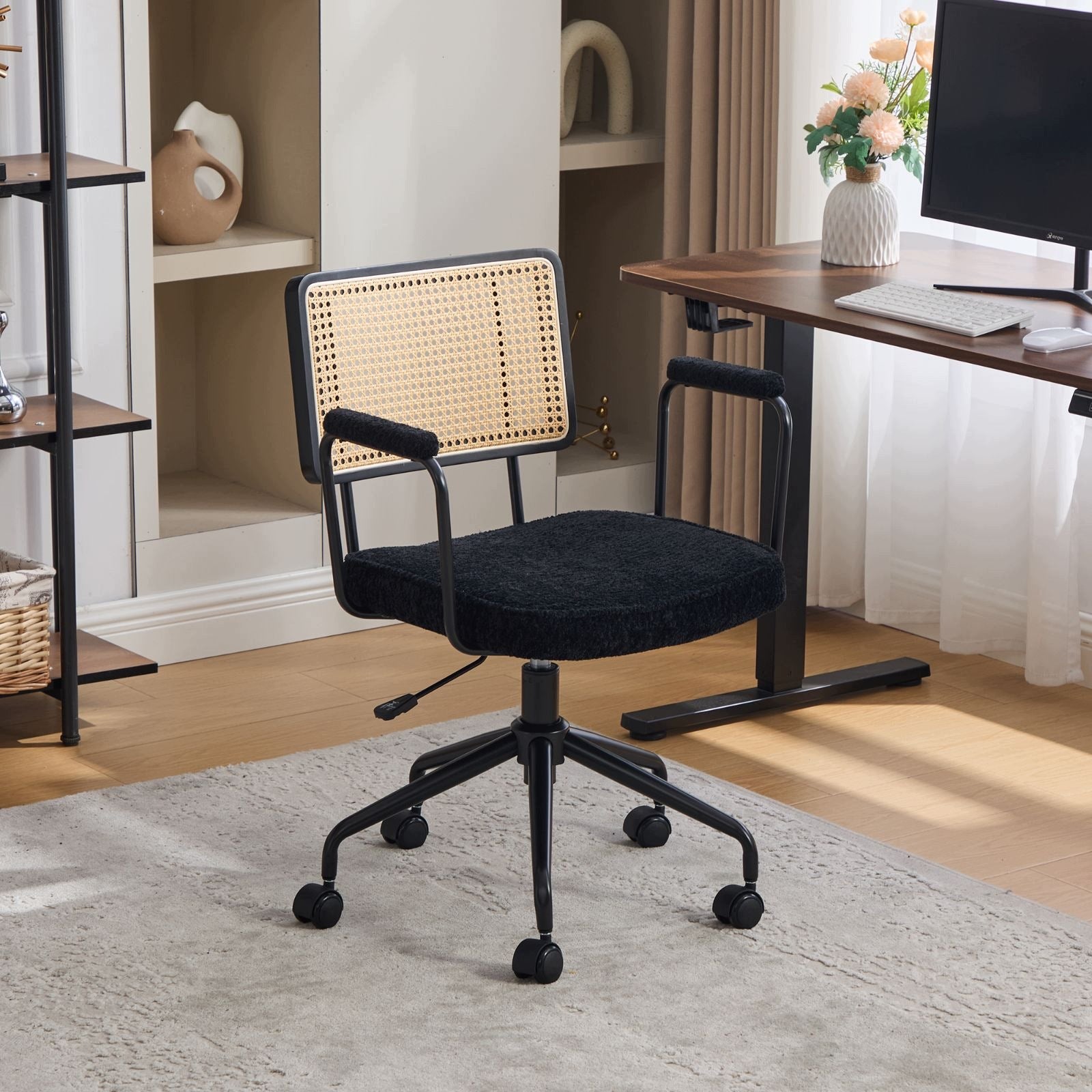 Vintage rattan office chair on wheels black