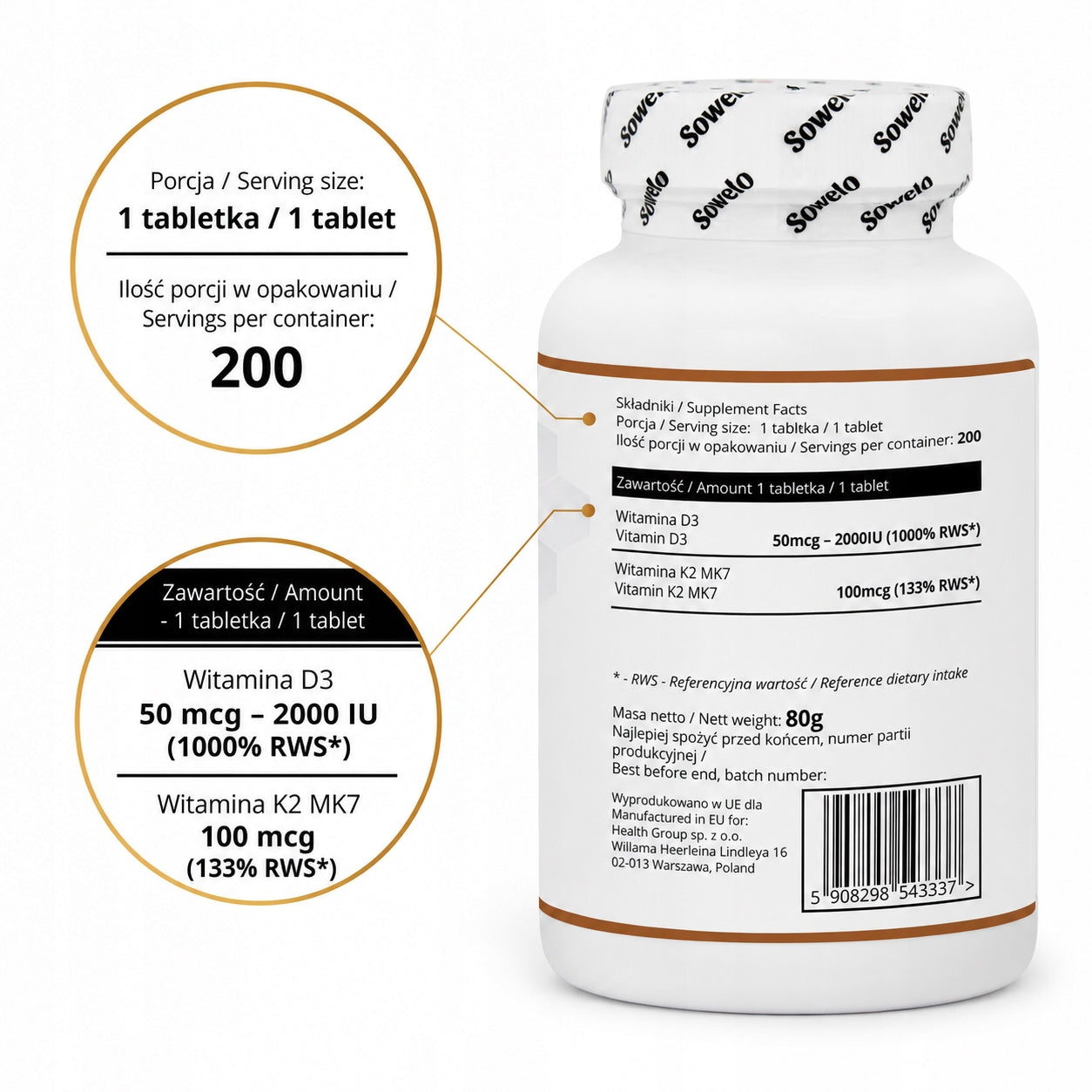 Vitamin D3 + K2 MK7 200 Tablets – Bones, Heart, Immunity – Sowelo Brand Sowelo