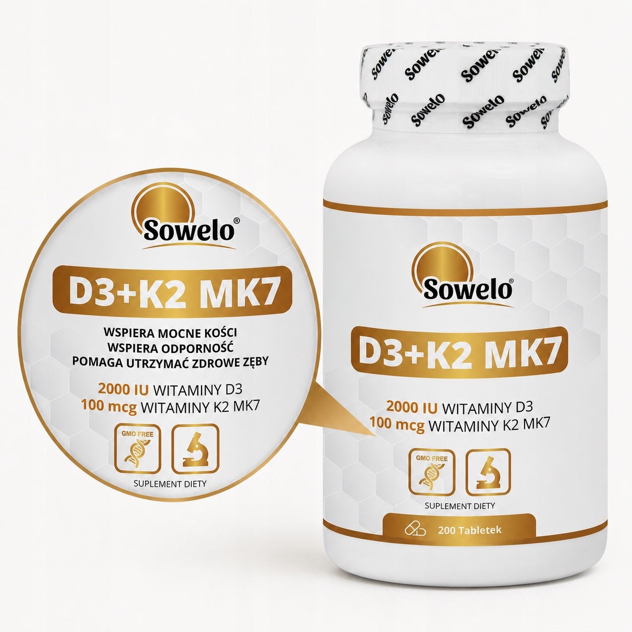 Vitamin D3 + K2 MK7 200 Tablets – Bones, Heart, Immunity – Sowelo Manufacturer code SD3K2_01