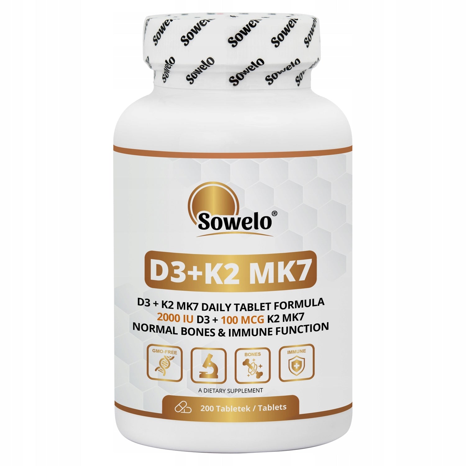 Vitamin D3 + K2 MK7 200 Tablets – Bones, Heart, Immunity – Sowelo