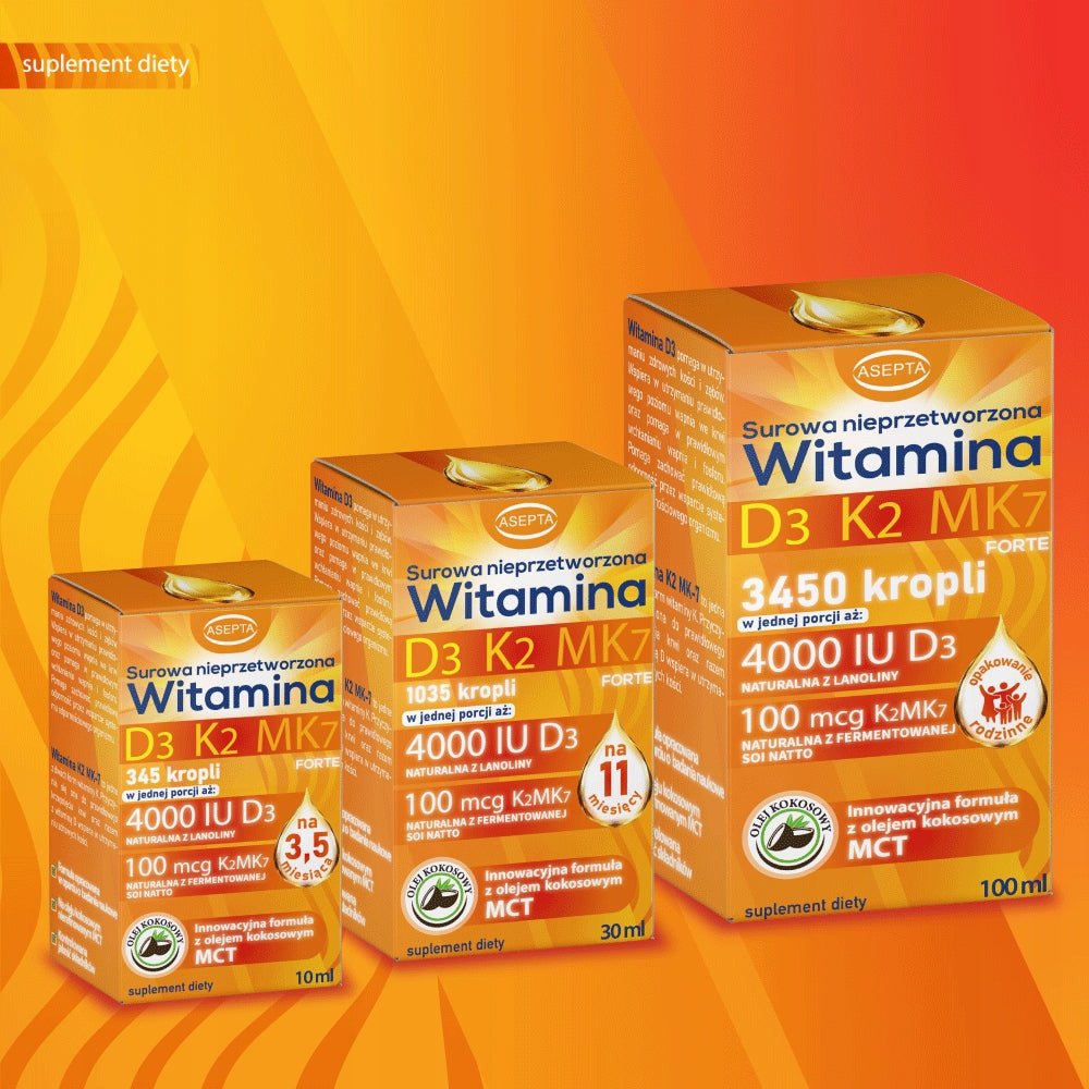 Vitamin D3 K2 MK7 with MCT Oil 30ml for Resistance Bone Fatigue ASEPTA Manufacturer code Witamina D3 K2 MK7 z Olejem MCT 10ml
