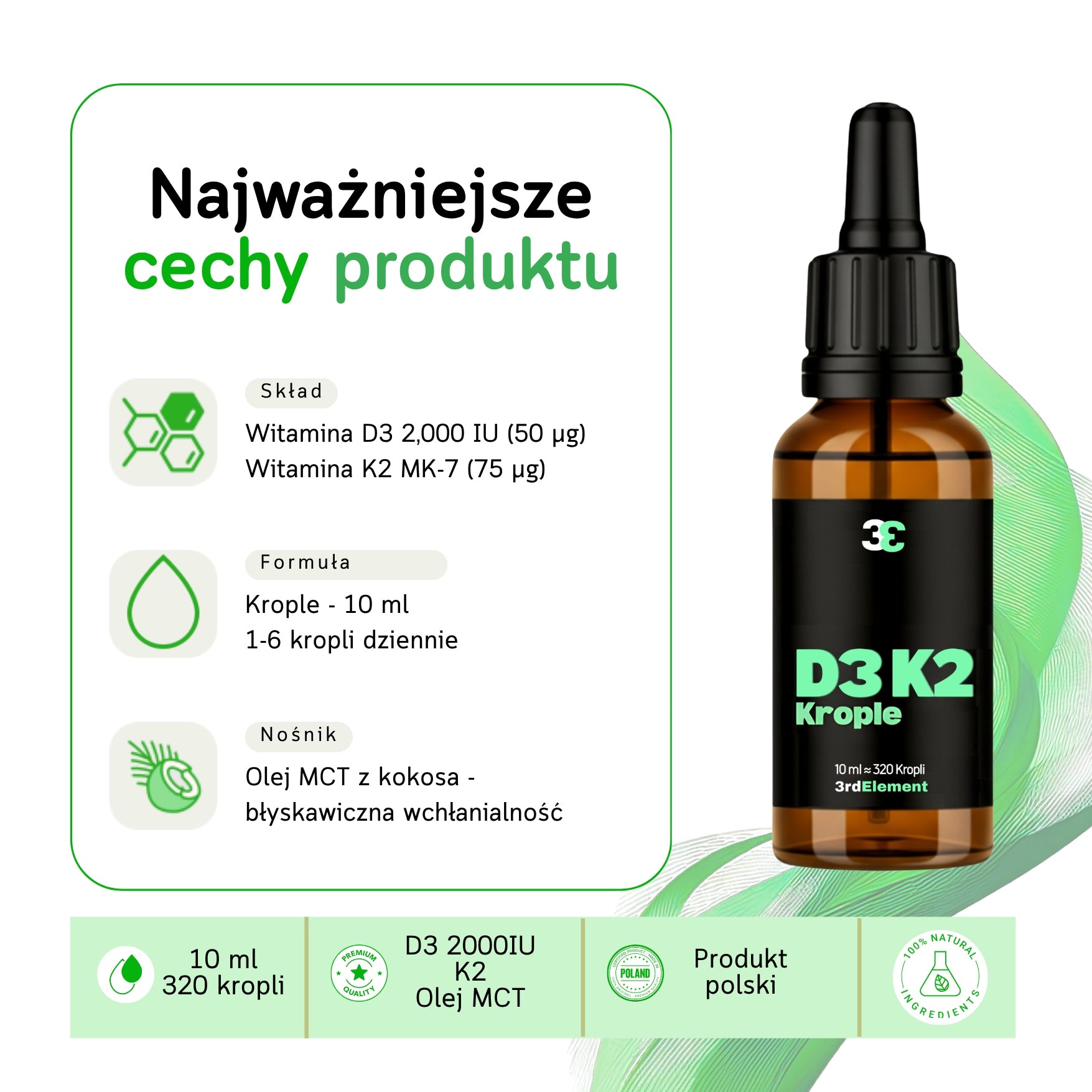 Vitamin D3K2 MK-7 - drops 10 ml - 2000 IU - MCT oilhigh bioavailability Manufacturer code Wit-D3+K2