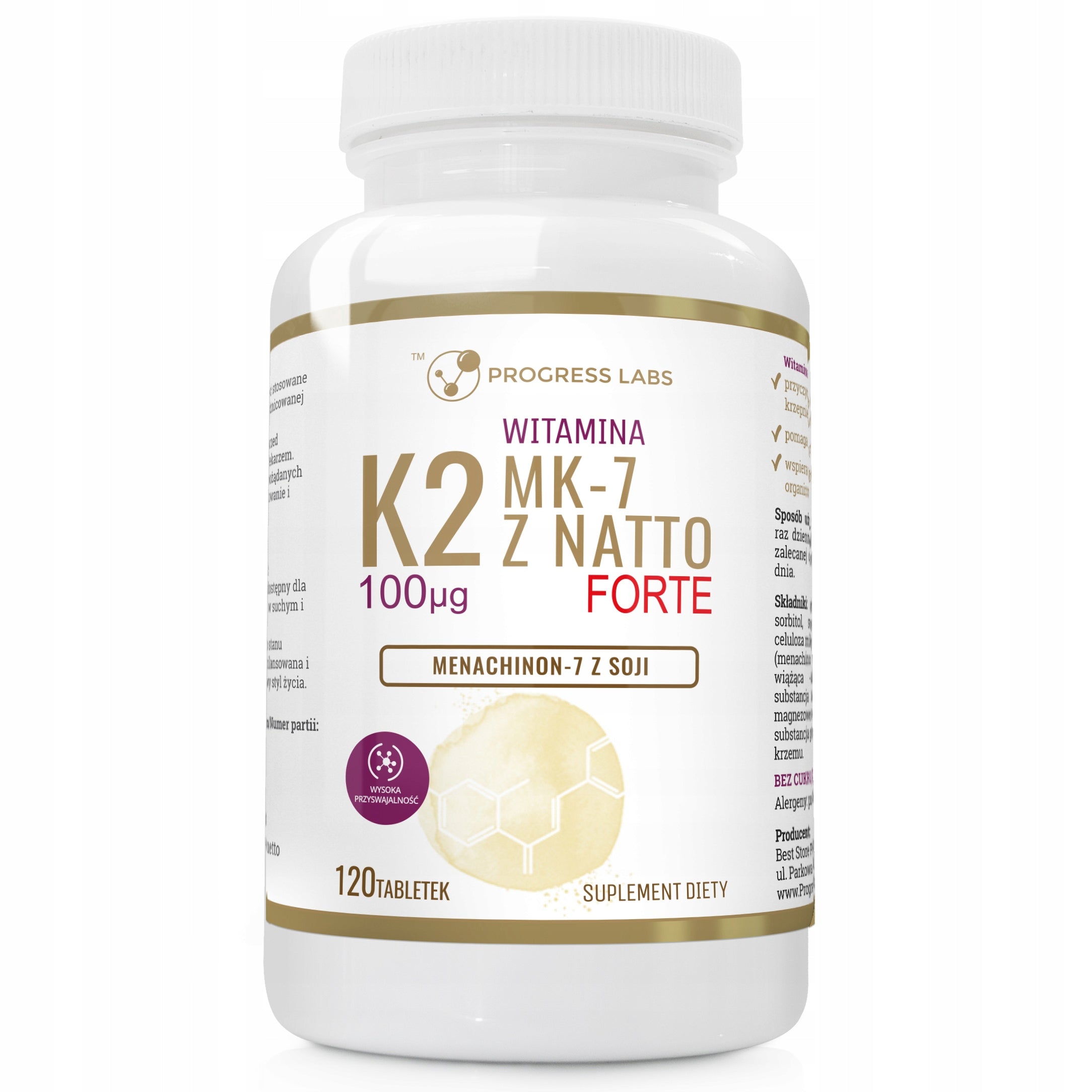 Vitamin K2 MK-7 100ug from NATTO 120 tabs. Progress Labs