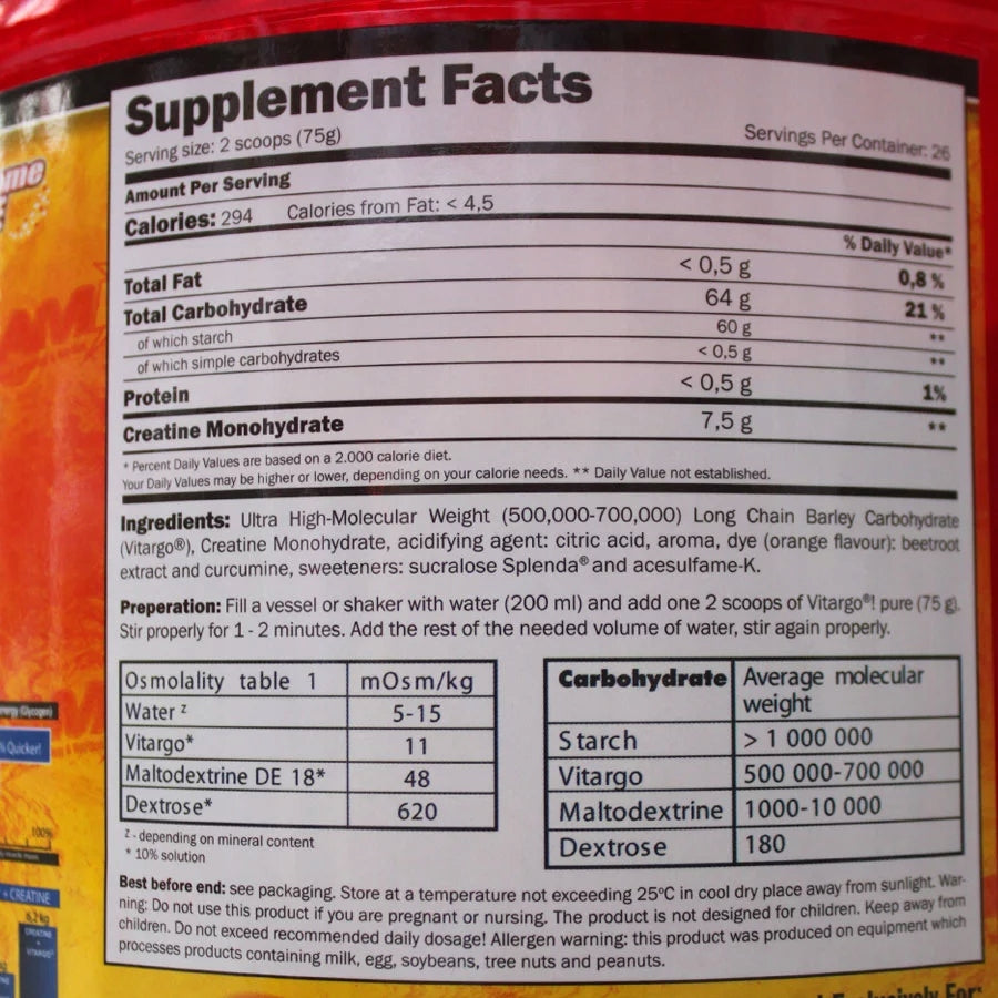 Vitargo 1 kg carbohydrates creatine monohydrate taste orange carbo Packaging status original