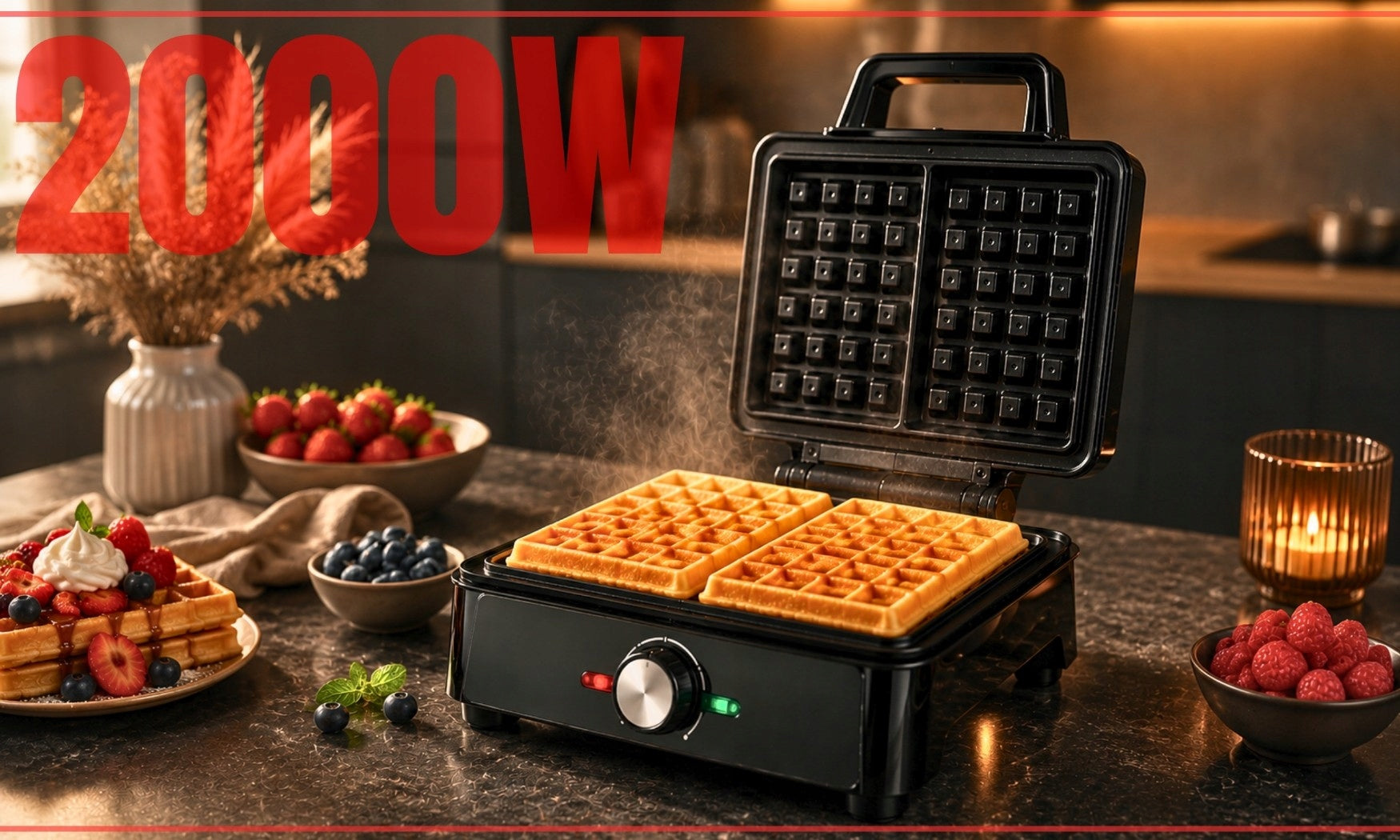 WAFFLE IRON 2000W WAFFLE TOASTER TEMPERATURE CONTROL BLACK NON-STICK Manufacturer code Gofrownica Opiekacz Do Gofrów Non-Stick 2000W