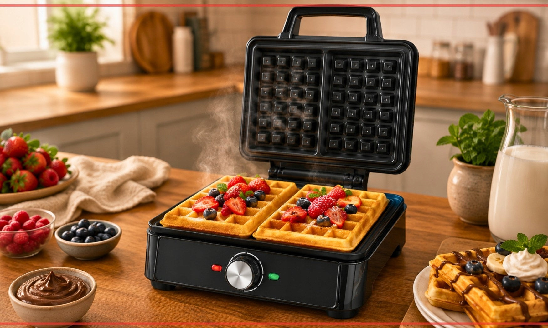 WAFFLE IRON 2000W WAFFLE TOASTER TEMPERATURE CONTROL BLACK NON-STICK Packaging status original