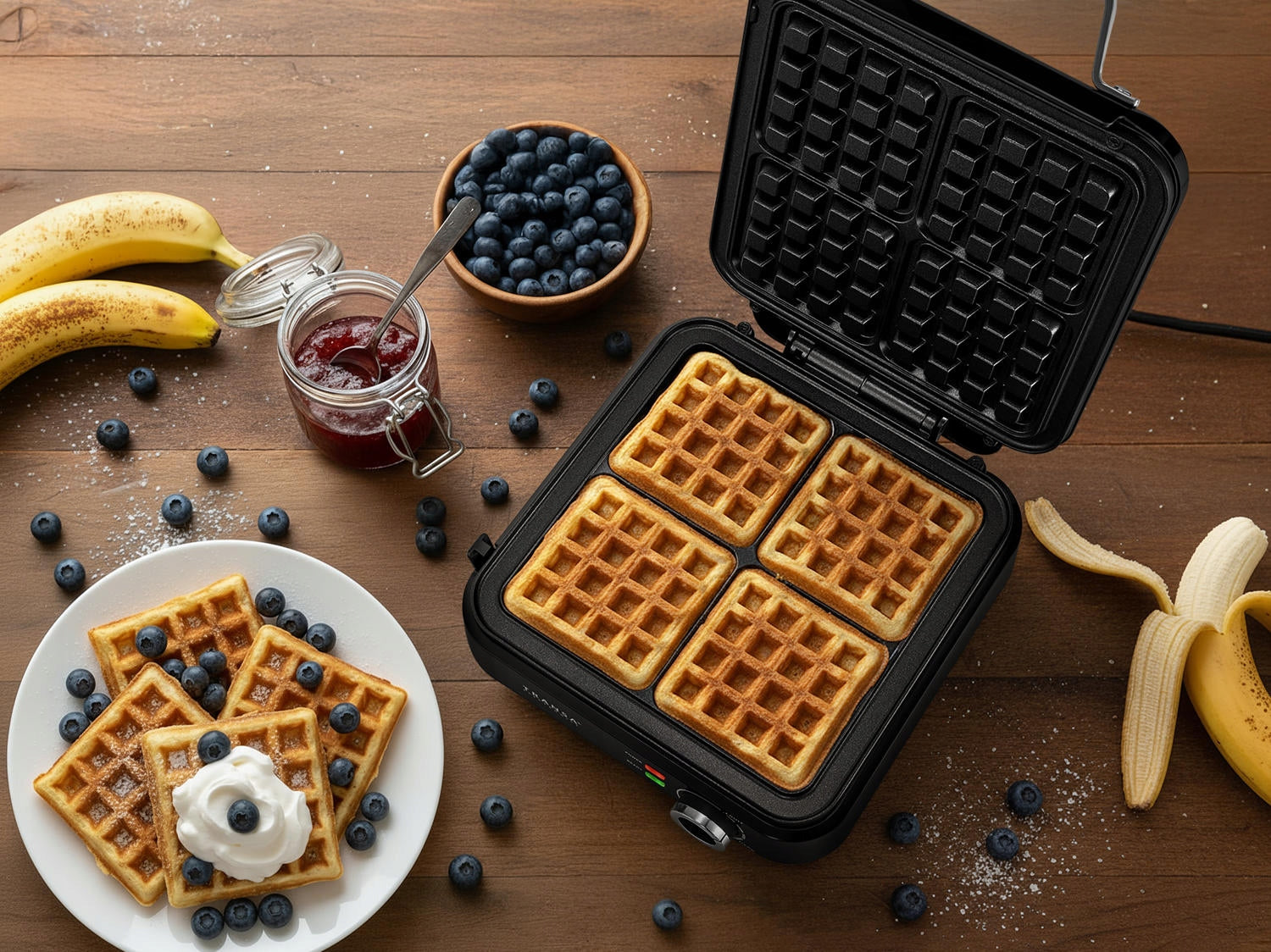 WAFFLE IRON FOR 4 LARGE WAFFLES TEMPERATURE AND BAKING DEGREE CONTROL 2200W Manufacturer code TE-34
