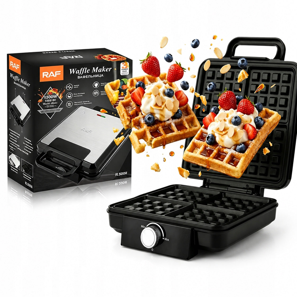 WAFFLE MAKER 1500W 4 LARGE WAFFLES CRUNCH ADJUSTMENT NON-STICK COATING