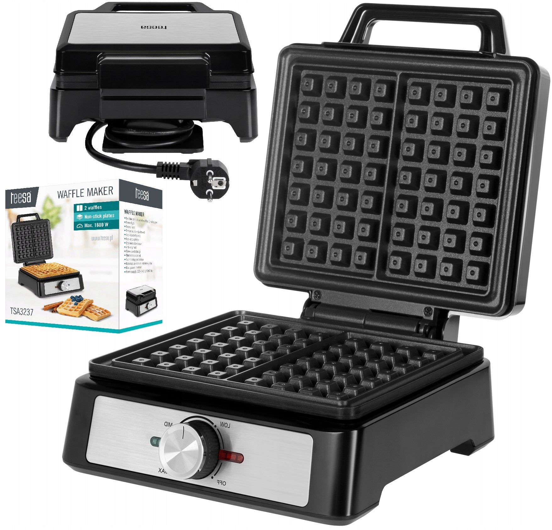 WAFFLE MAKER 2 CRUNCHY WAFFLES STRONG 1600W NONSTICK POWER ADJUSTMENT