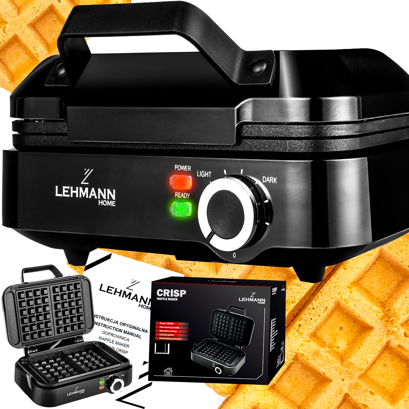 WAFFLE MAKER FOR 2 LARGE HIGH WAFFLES TEMPERATURE CONTROL CRISP 2000 STRONG