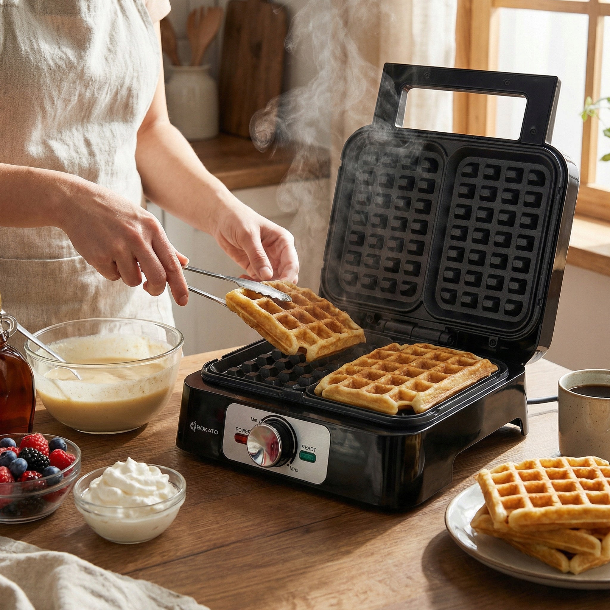 WAFFLE MAKER LARGE WAFFLE ADJUSTABLE THERMOSTAT 1200W COATING BOKATO KEL103 Power rating 1200 W