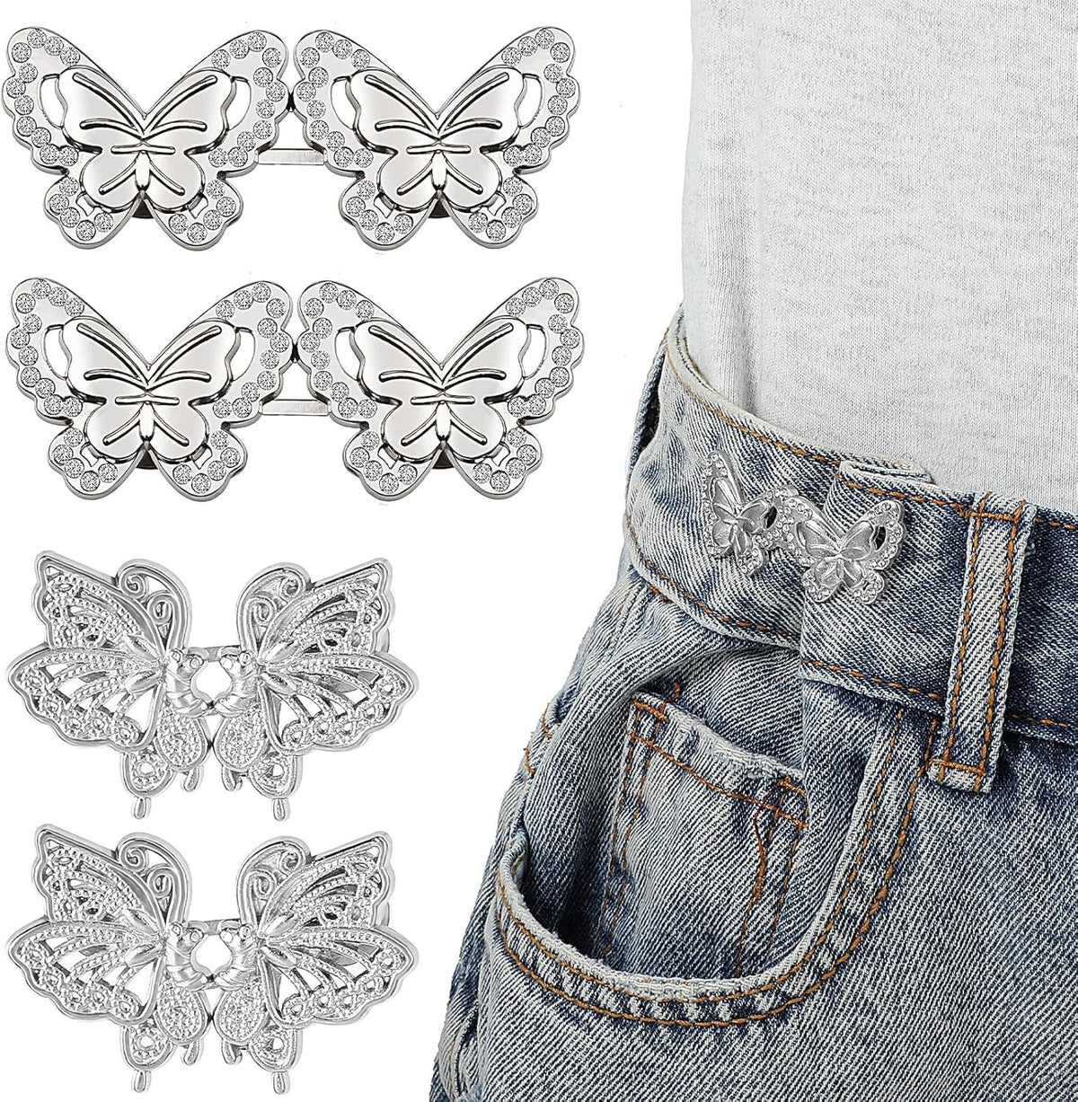 WAIST TENSIONERS 4 SETS BUTTONS SILVER METAL BUTTERFLY PANTS REGULATORS