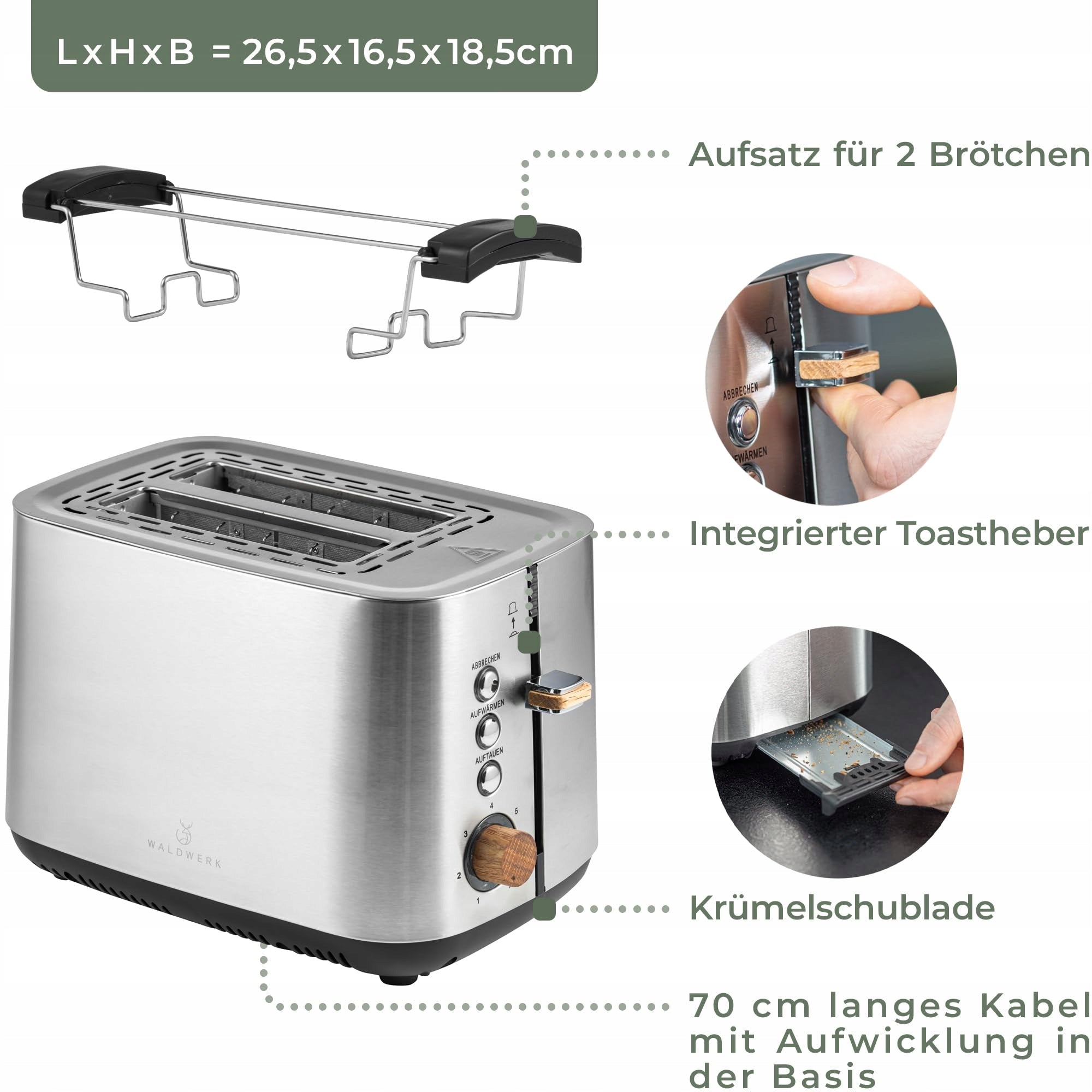 WALDWERK Steel Toaster With Wood For 2 Slices With Drawer For Okr Power rating 925 W