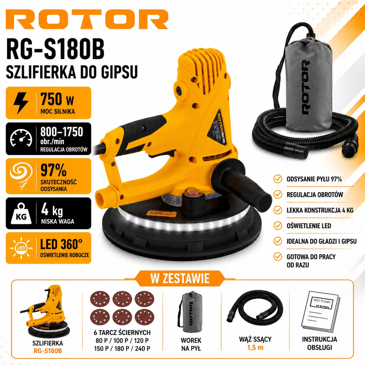 WALL AND CEILING GRINDER ROTOR RG-S180B GIRAFFE LED SPEED CONTROL