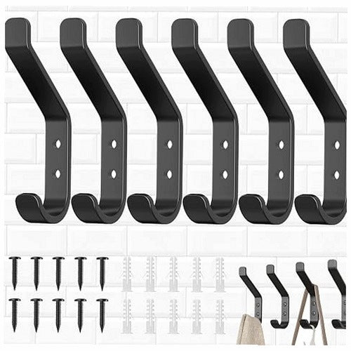 WALL HANGER BLACK DOUBLE HOOK SET OF 6 PIECES HOME MOUNTING