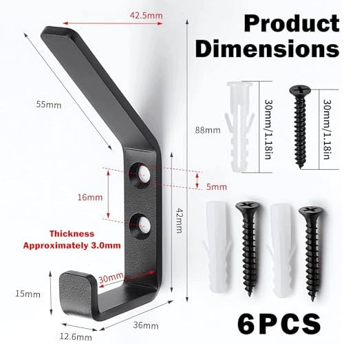 WALL HOOKS BLACK METAL 6 PIECES FOR CLOTHES ACOUSTIC PANELS Manufacturer code SWC5908151384428
