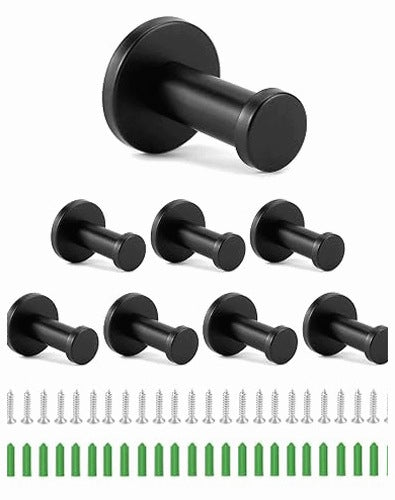 WALL HOOKS BLACK STAINLESS STEEL FOR BATHROOM KITCHEN 8 PIECES