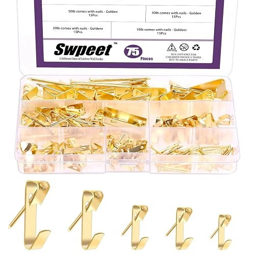 WALL HOOKS GOLD SET OF 75 PIECES 5 SIZES UP TO 45 KG METAL