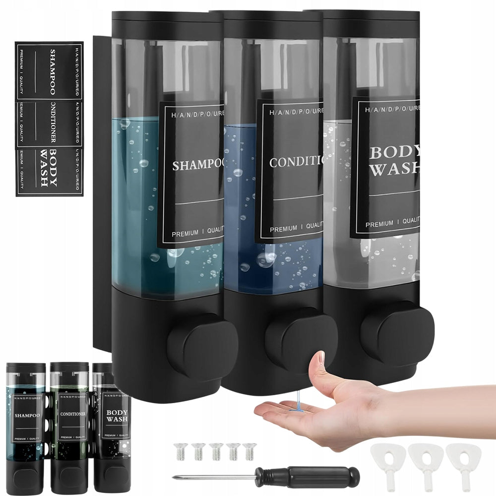 WALL MOUNTED SHAMPOO GEL SOAP DISPENSER BLACK 3X300 ML