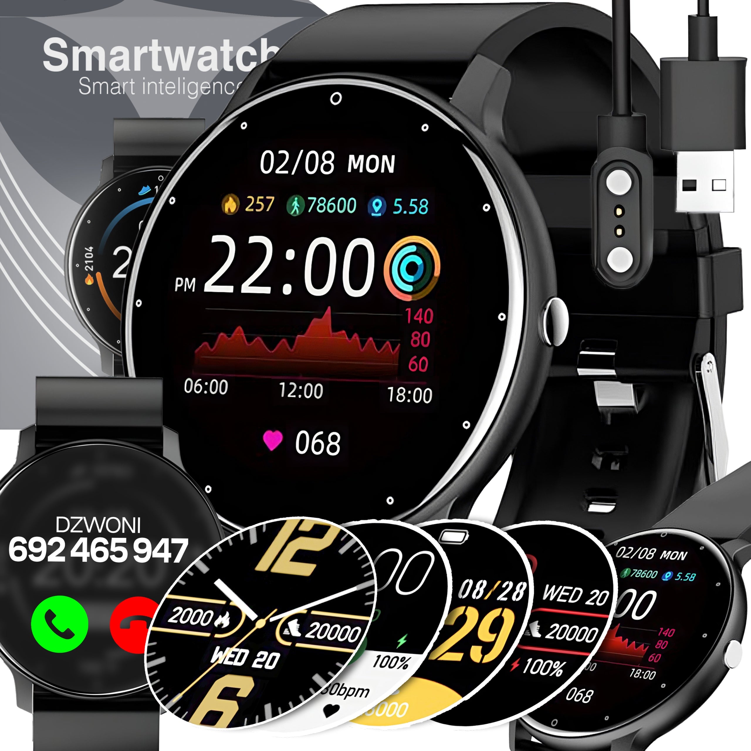 WATCH SMARTWATCH BLOOD PRESSURE MONITOR PEDOMETER EKG TALK IOS ANDROID PL