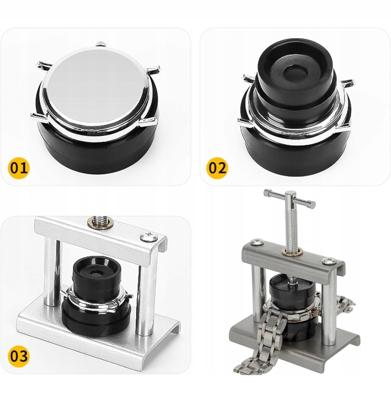 WATCHMAKING PRESS FOR WATCHES SET + PRESSURE PLATES 17-48mm Packaging status original