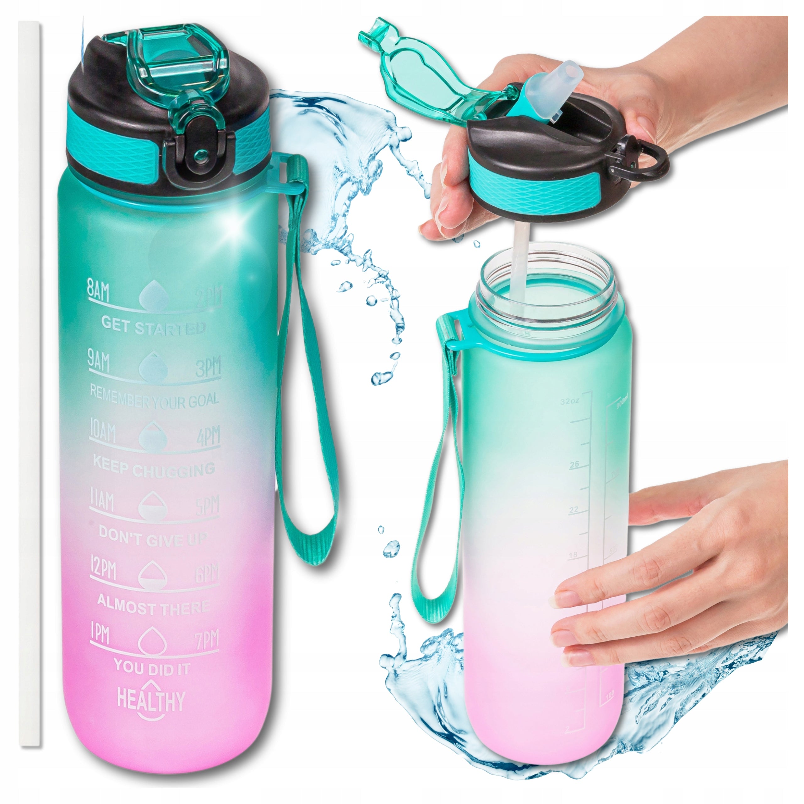 WATER BOTTLE 1L WITH SHAKER MOUTHPIECE MOTIVATIONAL MEASURING CUP SPORT FITNESS