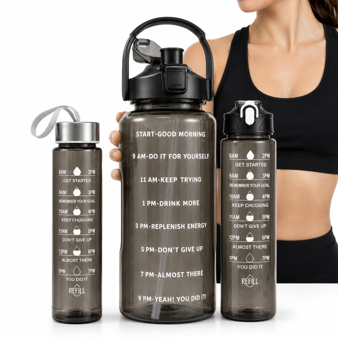 WATER BOTTLE 3x Motivational Bottle Gym Set 2L 900ml 300ml Straw Manufacturer code 666-SET-001-1 czarny