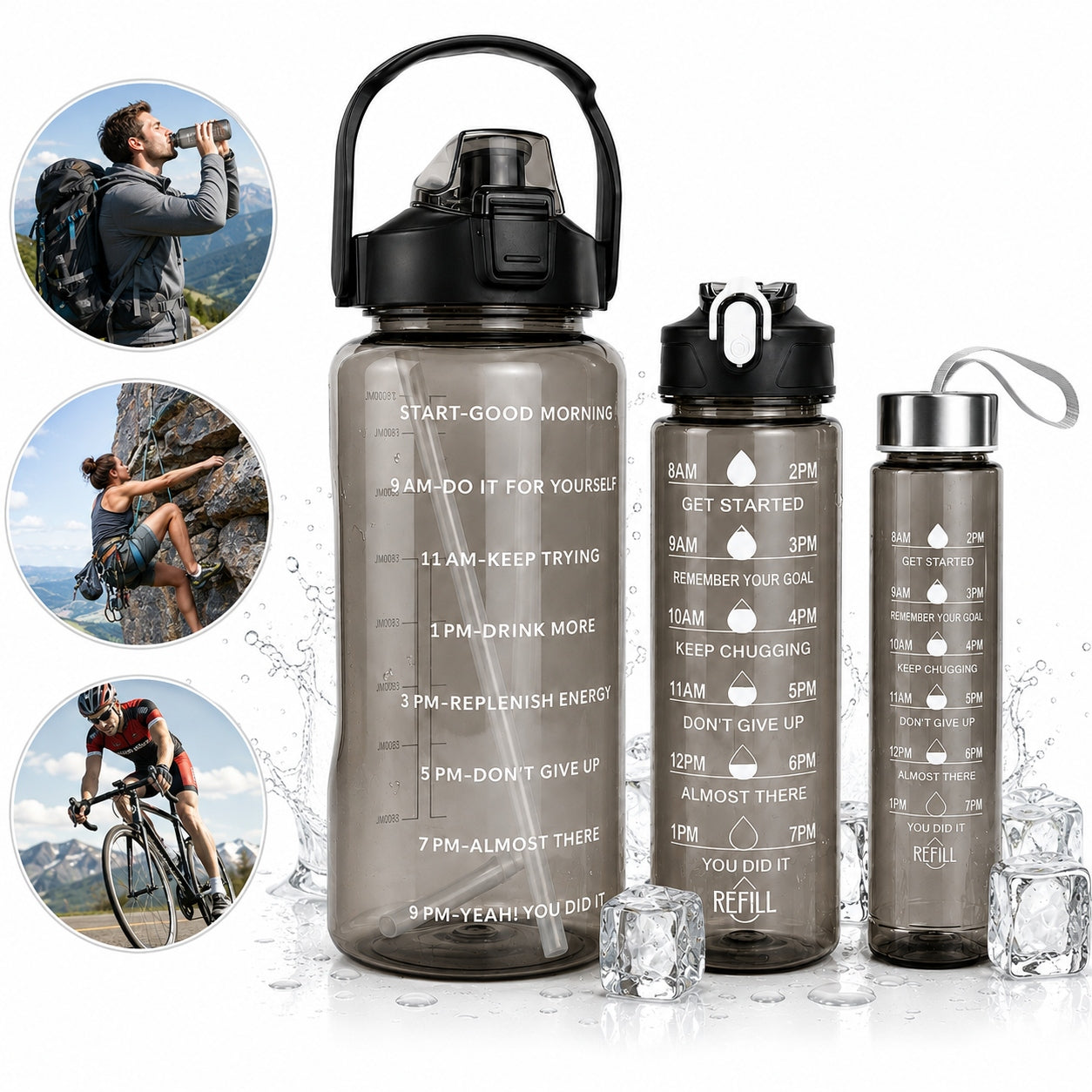 WATER BOTTLE 3x Motivational Bottle Gym Set 2L 900ml 300ml Straw