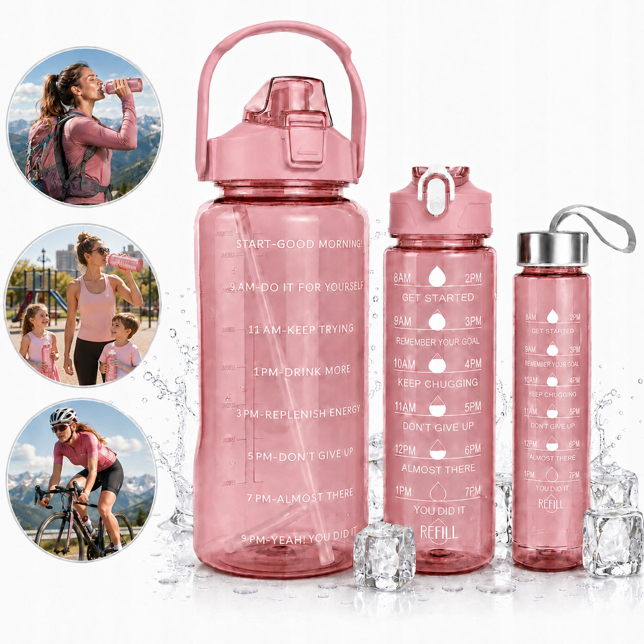 WATER BOTTLE 3x Motivational Bottle Set 2L 900ml 300ml Gym Straw Manufacturer code 666-SET-001-2 różowy