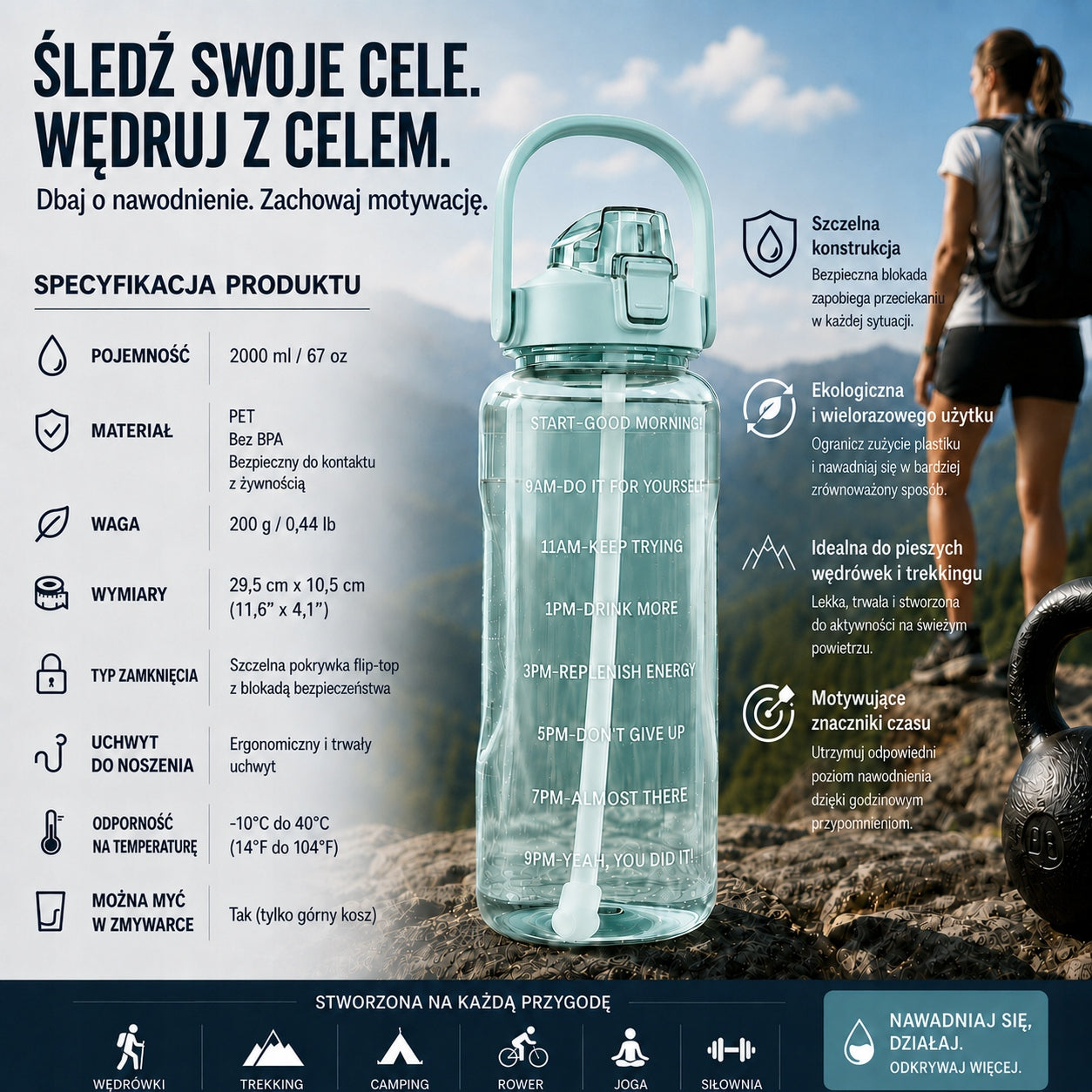 WATER BOTTLE 3x Motivational Bottle Straw Gym Set 2L 900ml 300ml Manufacturer code 666-SET-001-3 miętowy