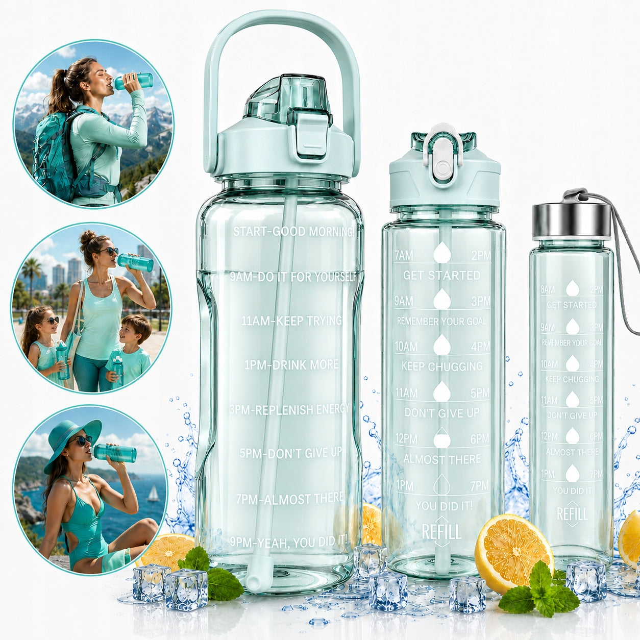 WATER BOTTLE 3x Motivational Bottle Straw Gym Set 2L 900ml 300ml Model bidon motywacyjny