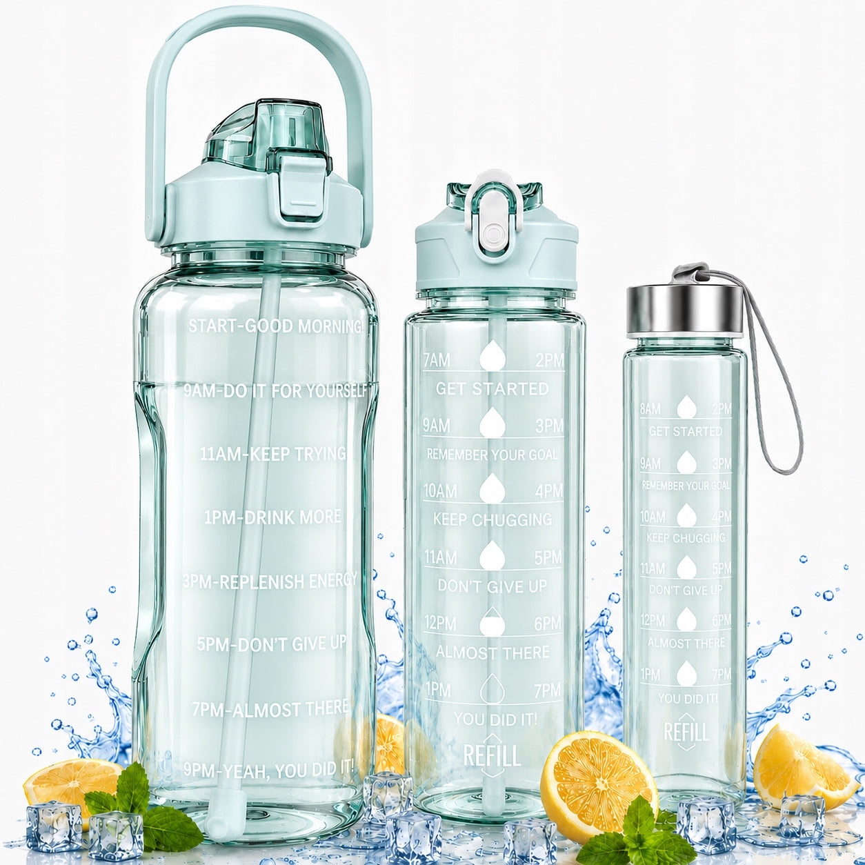 WATER BOTTLE 3x Motivational Bottle Straw Gym Set 2L 900ml 300ml Packaging status original