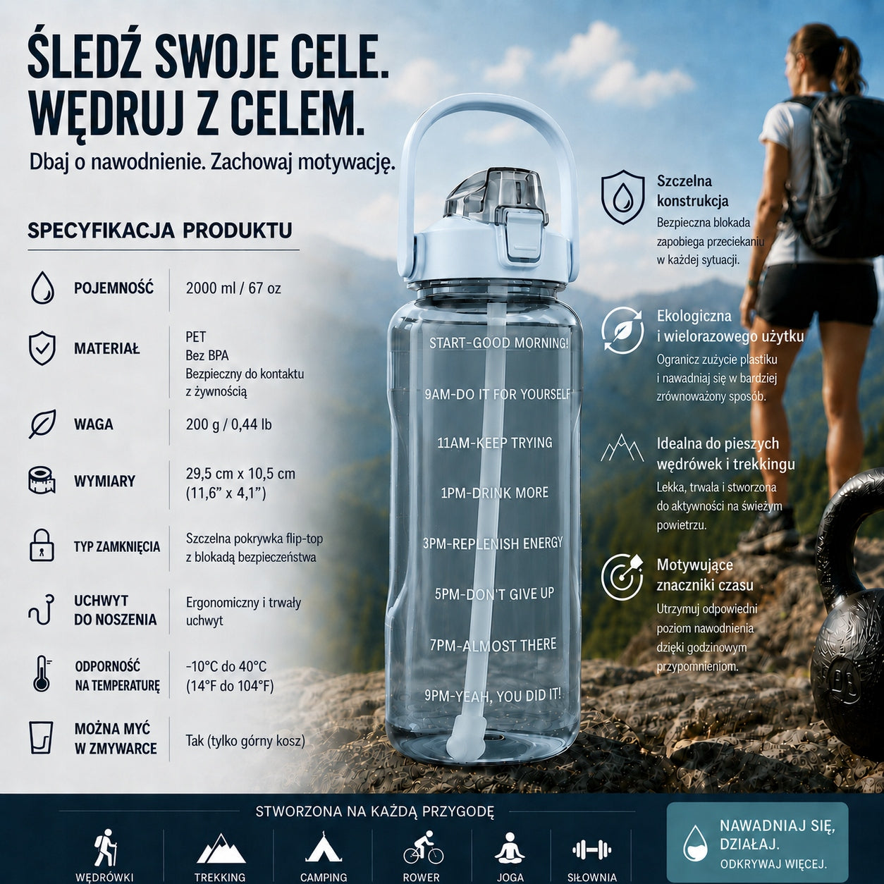 WATER BOTTLE 3x Set of 2L 900ml 300ml Motivational Bottle Straw Gym Packaging status original