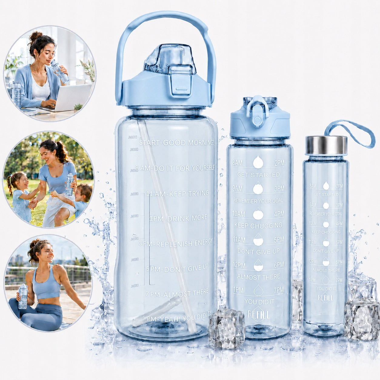 WATER BOTTLE 3x Set of 2L 900ml 300ml Motivational Bottle Straw Gym