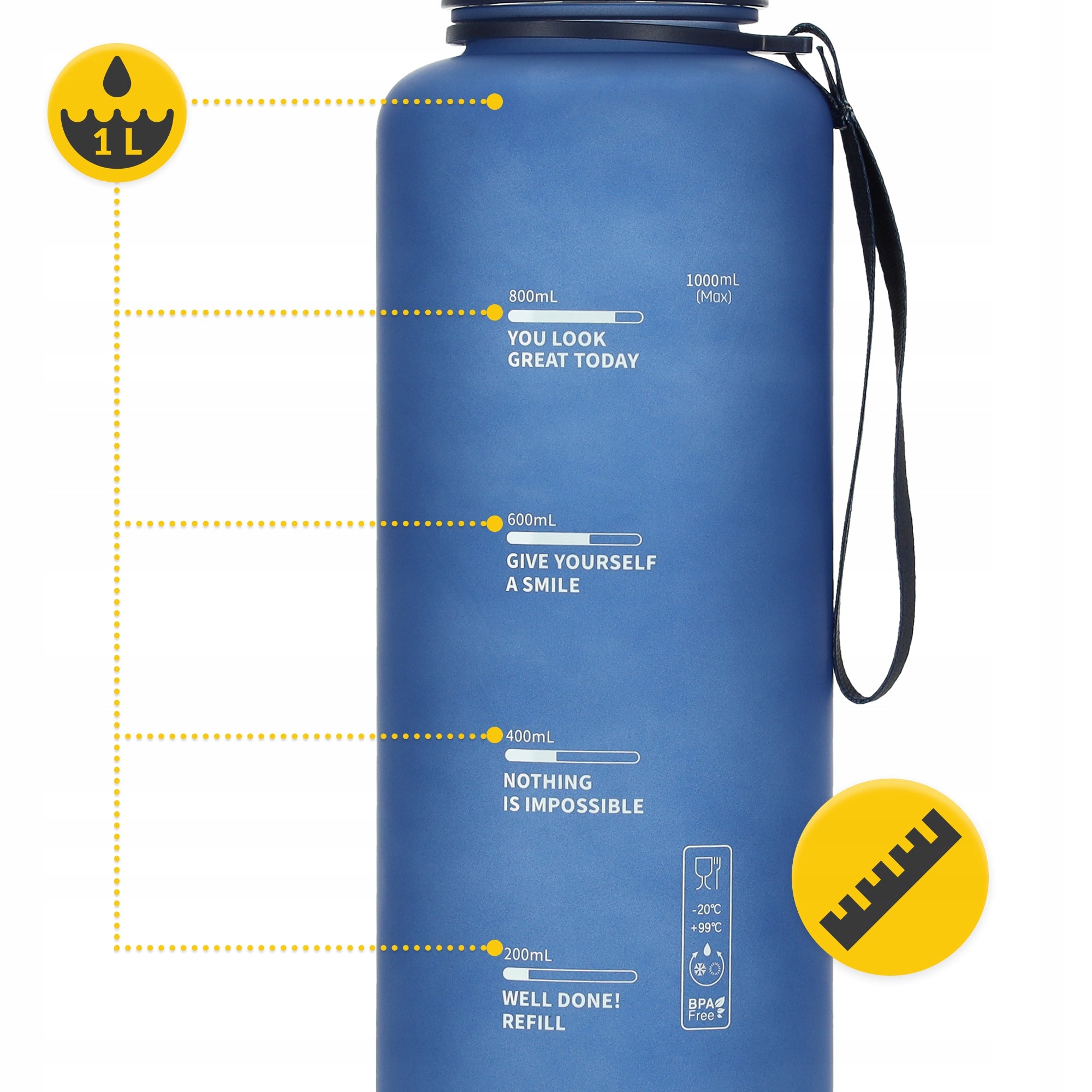 WATER BOTTLE MOTIVATIONAL SPORTS BOTTLE WITH MEASURING CUP MOUTHPIECE TRITAN 1L Brand 4FIZJO